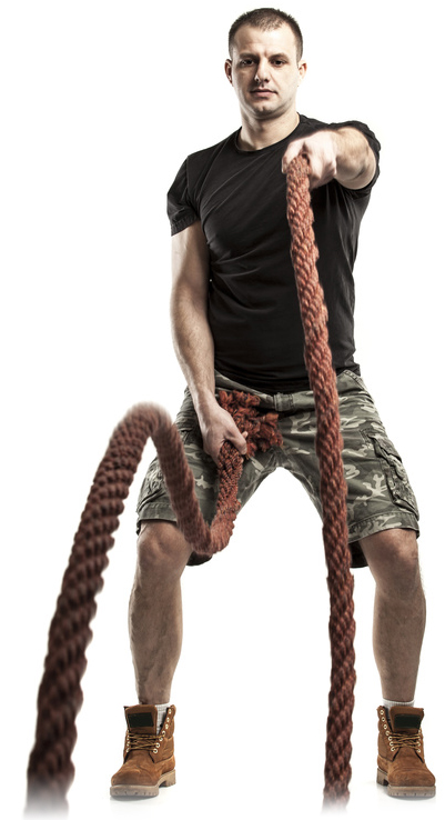 man doing rope training isolated on white - boot camp